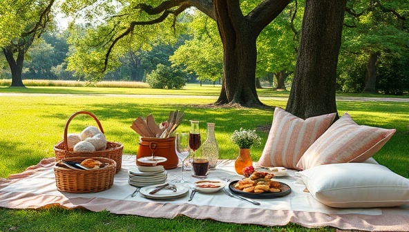 A beautifully styled picnic setup with a lavish spread of gourmet dishes, elegant tableware, and comfortable cushions under a shady tree in a lush park, embodying the luxurious and serene dining experience offered by Picnic Bliss Co.