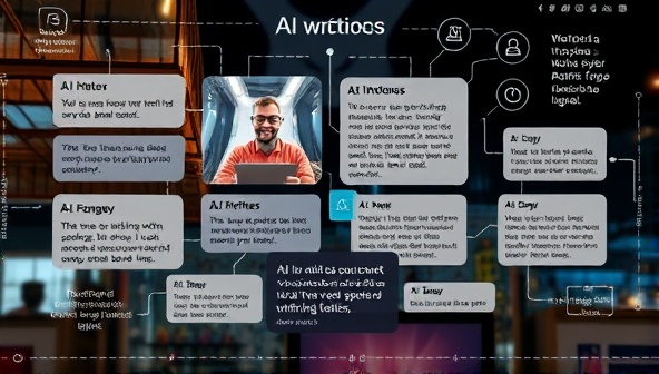 An innovative AI interface displaying various writing prompts and suggestions, with a user happily typing away on a laptop, surrounded by creative imagery and inspirational quotes.