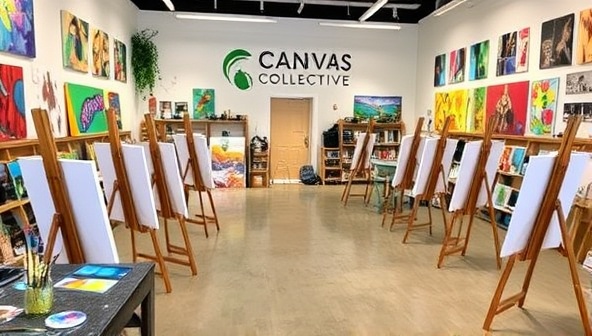 An art-filled studio space with easels, paint palettes, brushes, and colorful artworks adorning the walls, creating an inspiring and vibrant atmosphere that encourages artistic exploration and self-expression at Canvas Creations Collective.