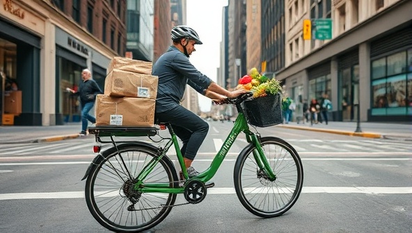 An image of a cargo bike loaded with packages and groceries, navigating through a bustling city street with ease, demonstrating the functionality and sustainability of EcoHaul Rentals' urban cargo bike service.