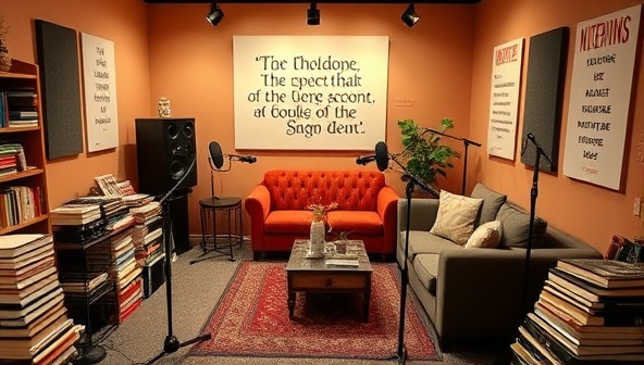 A vibrant podcast studio setup with microphones, soundproof panels, and cozy seating for guests, surrounded by stacks of books, literary quotes on the walls, and recording equipment, creating a professional and inviting space for hosting engaging literary discussions and storytelling sessions.