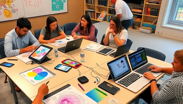 A visually appealing workshop setting with digital drawing tablets, colorful design sketches, and participants interacting with web design software on their laptops, highlighting a collaborative and creative learning environment.