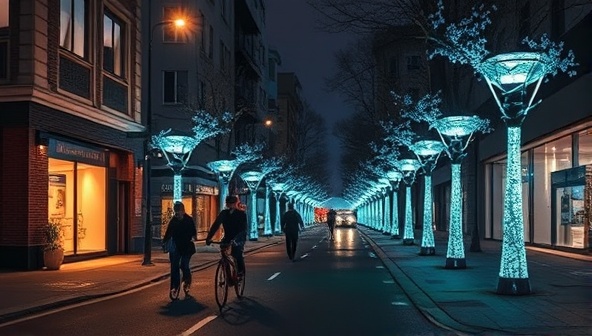 An urban street scene transformed by the soft glow of bioluminescent street lights, casting a magical and ethereal ambiance on the surroundings, with pedestrians and cyclists enjoying the eco-friendly and enchanting lighting experience.