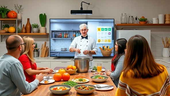 A vibrant and interactive virtual cooking class scene showing a chef cooking on screen, surrounded by colorful ingredients, kitchen utensils, and engaged participants following along from their own kitchens.