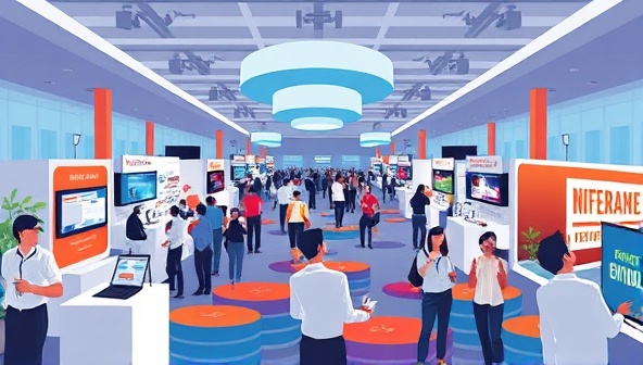 An engaging digital illustration of a virtual event space with interactive features, virtual booths, and enthusiastic attendees engaging in various activities, conveying the dynamic and immersive nature of virtual events managed by EventEase Solutions.