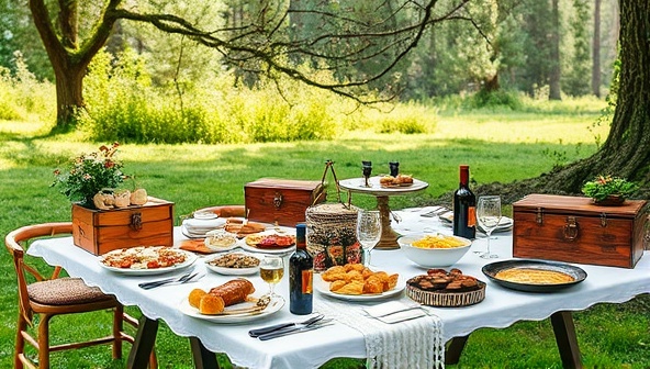A picturesque outdoor setting with a beautifully styled picnic setup featuring a lavish spread of gourmet delicacies, elegant picnicware, and lush surroundings, inviting guests to indulge in a luxurious al fresco dining experience surrounded by nature.