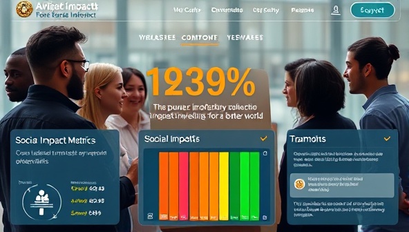 An impactful visual representing a diverse group of individuals coming together to discuss and review impact investment opportunities on the platform, shown through a digital interface displaying social impact metrics, sustainability ratings, and community testimonials, highlighting the power of collective action and purposeful investing for a better world.