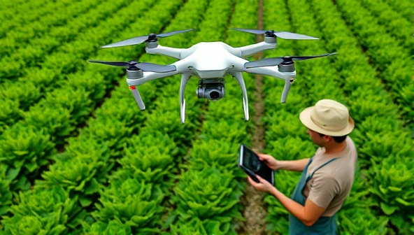 An agricultural drone hovering over a lush green farm field, capturing high-resolution images of crops and soil patterns, with a farmer analyzing data on a tablet device, illustrating the precision and efficiency of agricultural drone services.