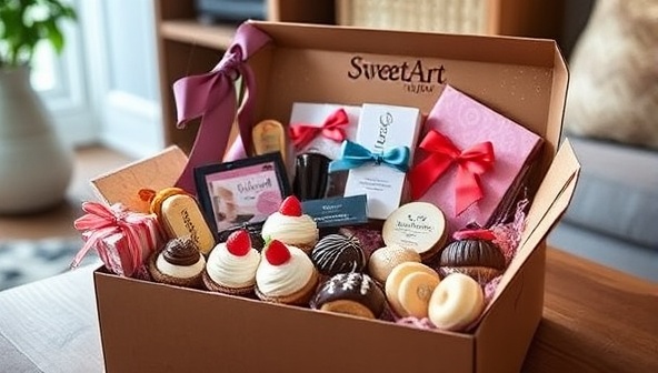 An enticing image of a beautifully curated SweetArt Delights Box filled with a variety of artisanal desserts, elegantly packaged with ribbons and decorations, exuding luxury and indulgence, set against a backdrop of a cozy home environment for a subscription unboxing experience.