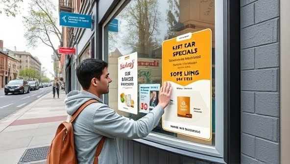 An AR-enhanced street view showing a user interacting with a virtual storefront displaying AR advertisements, special offers, and clickable links, blending the physical and digital worlds seamlessly to create an immersive local advertising experience.