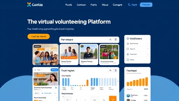 A virtual volunteering platform interface showcasing diverse volunteer projects, interactive collaboration tools, and global impact statistics, symbolizing community engagement and social change.
