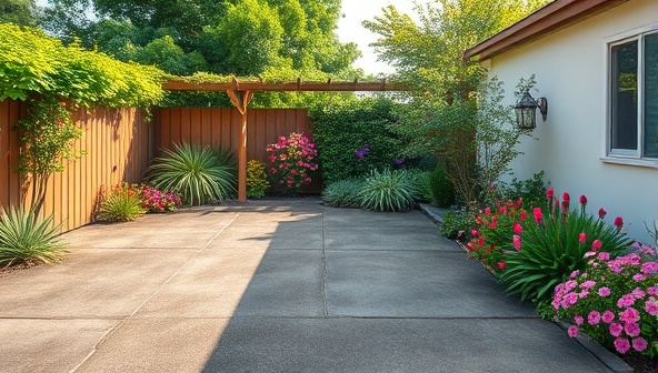 An artistic illustration blending a barren outdoor space with lush greenery and vibrant flowers, illustrating the transformative power of virtual landscape design consultations.