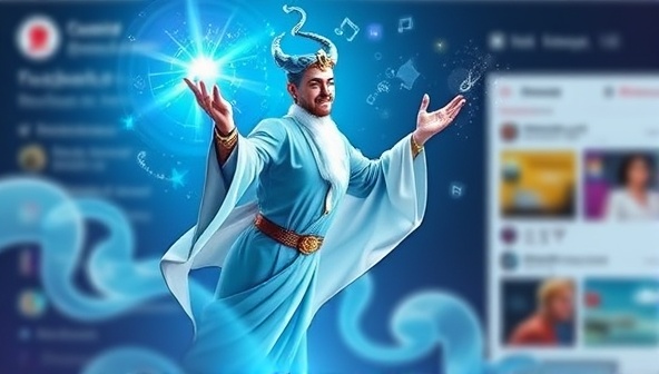 An imaginative visual representation of a digital genie emerging from a social media feed, conjuring up engaging posts and visuals with a magic wand, symbolizing the transformative power of ContentGenie in social media content creation.