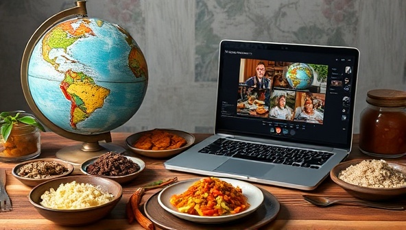 An immersive and culturally diverse virtual food tasting setup with a globe, exotic spices, tasting plates, and a laptop displaying a live event, transporting participants on a culinary journey around the world through Taste Explorer Experiences.