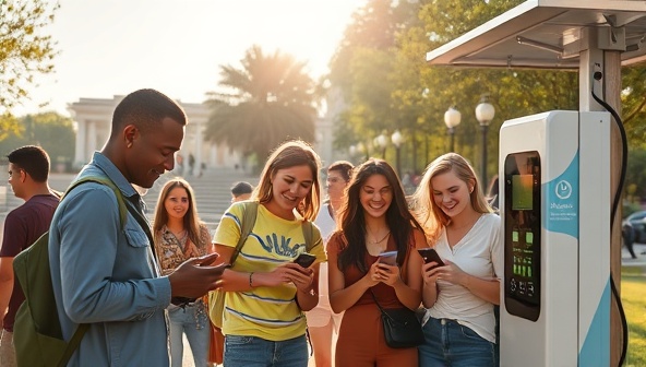 A vibrant outdoor scene showing a diverse group of people happily charging their smartphones at a solar-powered charging station in a bustling park, with the sun shining brightly overhead, emphasizing sustainability and convenience.