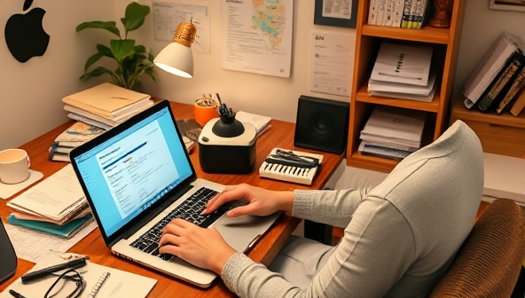 An organized home office setup with a freelancer using FreeFin Suite on a laptop, surrounded by receipts, invoices, and financial documents, showcasing the efficiency and convenience of managing freelance finances with the toolkit, creating a stress-free and productive work environment.