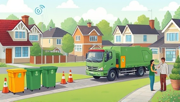 An innovative illustration showcasing a neighborhood equipped with smart waste bins communicating wirelessly, a waste collection truck optimizing its route based on real-time data, and residents earning virtual rewards for proper waste disposal, highlighting a futuristic and eco-conscious waste management system.