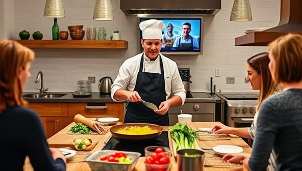 An engaging image of a virtual cooking class session on the CookConnect Virtual platform, showing a chef demonstrating a cooking technique while participants follow along in their own kitchens, with ingredients neatly arranged and cooking utensils ready, capturing the interactive and educational nature of the experience.