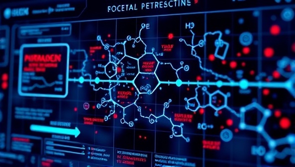 An artistic visualization of the PharmaGen AI platform interface, displaying complex data analytics and AI algorithms mapping out drug interactions and molecular structures, symbolizing innovation and scientific discovery in pharmaceutical research.