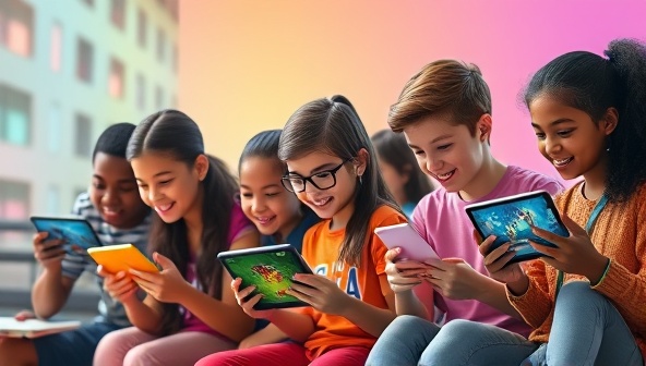 An artistic visualization of a diverse group of students interacting with a gamified learning platform on different devices, engaged and enthusiastic about the interactive challenges and educational content, symbolizing the fusion of gaming and learning in a visually stimulating manner.