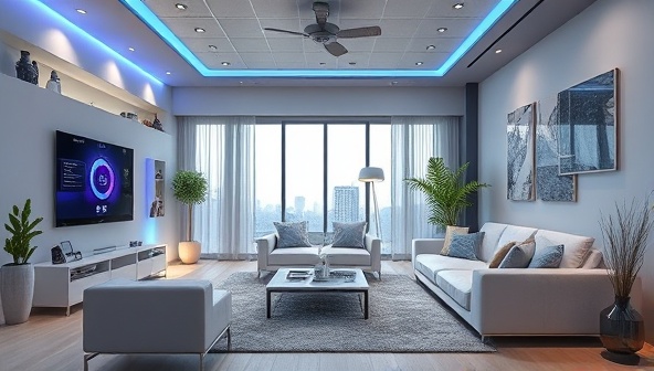 A modern living room equipped with a variety of smart home IoT devices like thermostats, cameras, and lighting systems seamlessly integrated to create a connected and automated home environment, highlighting the convenience and intelligence of smart home solutions in a futuristic setting.