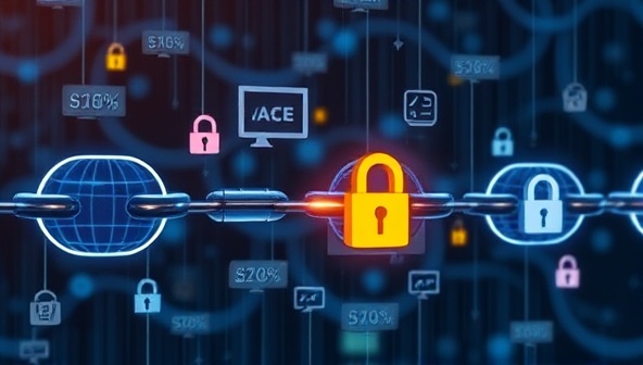 An artistic visualization of a digital chain linking various websites together, symbolizing the blockchain verification process of TrustChainVerify, with padlock icons, timestamps, and data encryption symbols embedded in the chain, representing secure and transparent website verification.