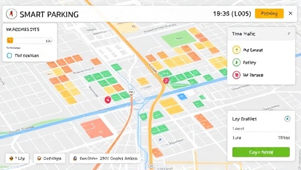 An innovative visualization of a smart parking system interface displaying a city map with color-coded parking spots indicating availability, alongside real-time traffic data and parking reservation options, showcasing the convenience and efficiency of the technology.