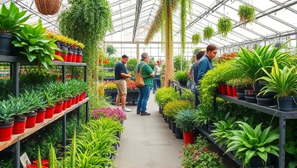 A lush botanical nursery setting with rows of vibrant plants, greenery cascading from shelves, customers exploring the botanical oasis, and a plant care workshop in session, creating a peaceful and rejuvenating environment for plant enthusiasts and nature lovers.