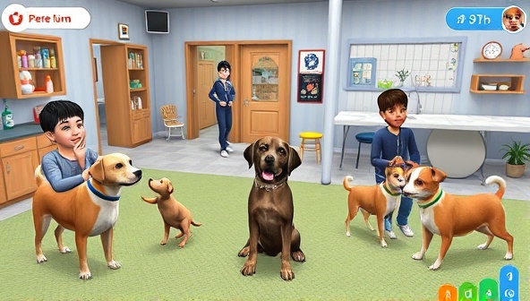 An interactive pet care scene featuring virtual pets of various species and breeds engaging in playful activities, grooming sessions, and training exercises with their owners in the PetPal World simulator, highlighting the immersive and educational aspects of the virtual pet care experience.