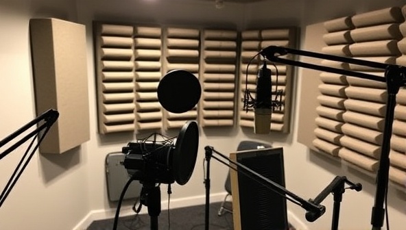 A podcast studio setup with microphones, soundproofing panels, and recording equipment, showcasing a professional and creative environment for hosting writing masterclasses and author interviews in a dynamic audio format.