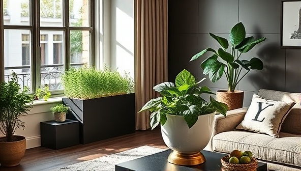 An elegant, modern living room with a sleek, stylish Urban Garden Box nestled by a sunny window, showcasing flourishing herbs and vegetables, creating an urban oasis vibe.