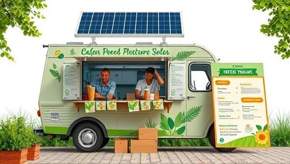 An eco-friendly food truck setup showcasing a solar panel on the roof, compostable packaging, and a vibrant menu board featuring sustainable dishes, surrounded by lush greenery and eco-conscious branding, conveying a commitment to environmental stewardship and healthy living.