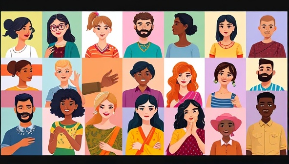 A vibrant digital interface showcasing diverse avatars engaging in virtual language exchanges, cultural activities, and interactive learning experiences, representing a dynamic and inclusive global community.