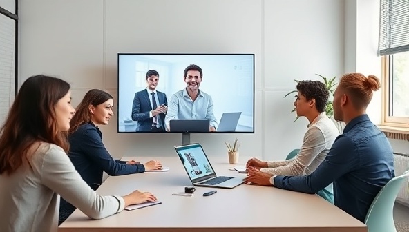 An office setting with a virtual HR consultant conducting a virtual onboarding session for a group of new startup employees, showcasing a seamless and efficient HR process tailored for startups.