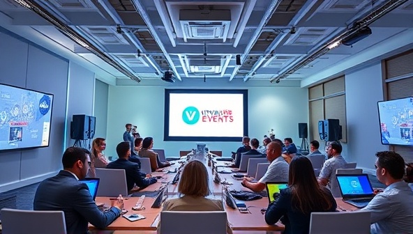 An immersive virtual event environment with avatars interacting in a digital conference room, showcasing the engaging and dynamic nature of online events facilitated by VirtualVibe Events.