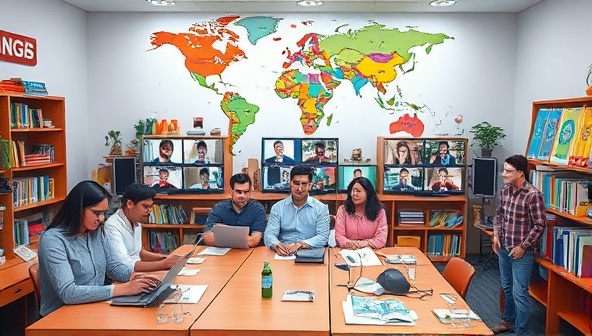 An immersive virtual classroom scene with diverse language learners interacting through video calls, language exercises, and cultural presentations, set against a backdrop of world maps, language books, and digital language tools, fostering a dynamic and collaborative learning environment.