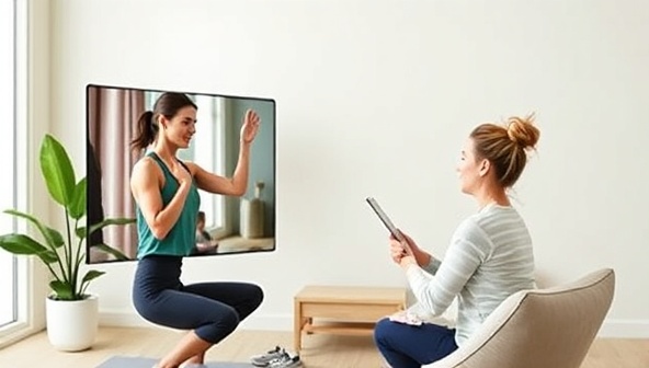 An uplifting visual of a virtual wellness coaching session, with a coach guiding a client through a personalized fitness routine, discussing nutrition goals, and providing motivational support, creating a positive and empowering atmosphere representative of WellnessWave Connect's holistic approach to health and wellness coaching.