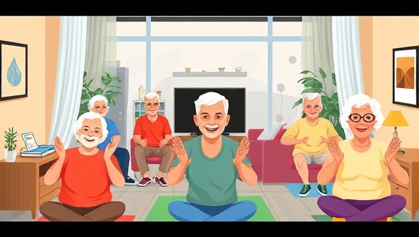A lively digital illustration of a virtual fitness class for seniors, featuring a diverse group of older adults exercising together from their homes, with smiling instructors, gentle music, and colorful fitness props, conveying joy and vitality in a welcoming setting.