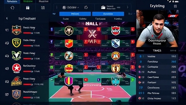An online gaming tournament dashboard showcasing multiple ongoing matches, team logos, and a live streaming feed, with an energetic and competitive atmosphere depicted through dynamic visuals and real-time updates.