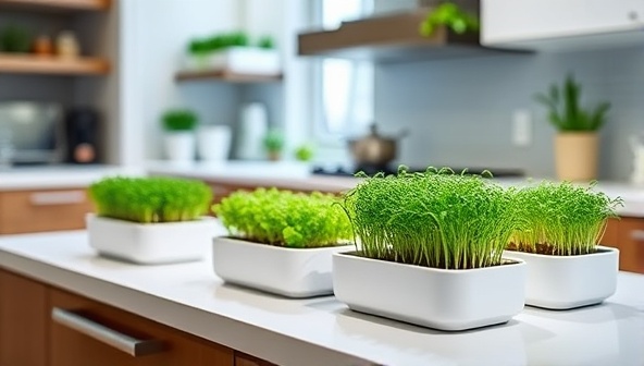 A vibrant, modern kitchen counter adorned with lush microgreens growing in sleek, stylish containers, showcasing the simplicity and beauty of urban microgreen farming kits.