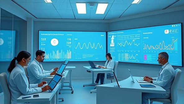 An engaging visual of a virtual clinical trial setup with participants interacting with digital devices, remote healthcare professionals monitoring vitals, and a real-time data dashboard displaying trial progress, illustrating innovation and efficiency.