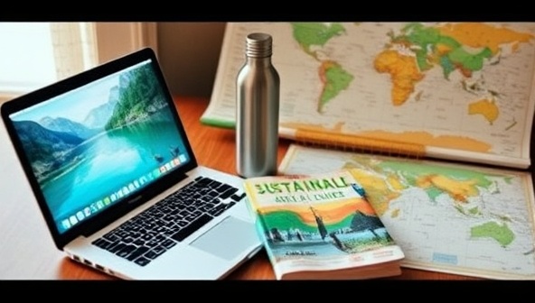 An eco-friendly travel blog setup featuring a laptop with a scenic nature wallpaper, a reusable water bottle, a sustainable travel guidebook, and a map marked with eco-friendly destinations, embodying the essence of sustainable travel blogging and environmental advocacy.