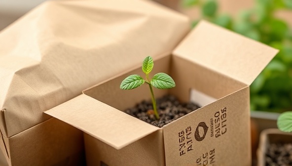 A close-up image of biodegradable packaging materials, showcasing their texture and eco-friendly composition, with a small plant growing out of a compostable packaging box, symbolizing sustainability and growth.