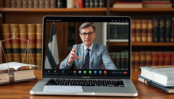 A professional and trustworthy visual of a virtual legal consultation session, with an attorney providing legal advice and reviewing documents for a client through a secure video call, while legal books and a laptop with legal software are visible in the background, emphasizing the expertise and professionalism of the virtual legal consultation service.