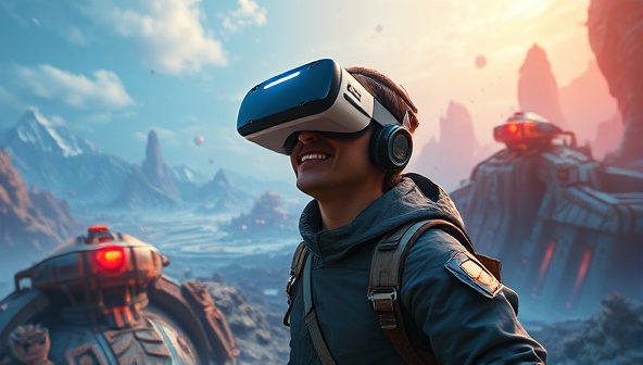 An electrifying virtual reality scene with a player immersed in an adventurous quest, surrounded by futuristic landscapes and challenges, capturing the essence of thrilling virtual travel experiences.