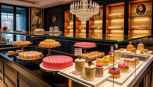 An elegant dessert bar showcasing a variety of exquisite desserts on display, with colorful macarons, decadent cakes, and delicate pastries, set against a backdrop of artistic decor and mood lighting, inviting customers to indulge in a sweet escape.