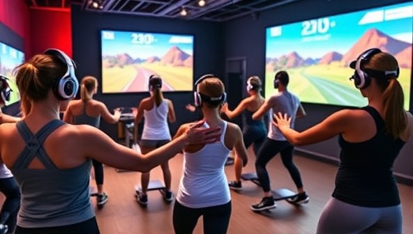 A fitness class setting with participants wearing motion-tracking armbands and headsets, engaged in a virtual race or fitness challenge projected on large screens, surrounded by futuristic fitness equipment and vibrant digital landscapes, illustrating the dynamic and energetic atmosphere of FitQuest Gaming classes.