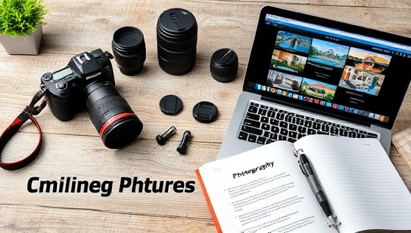 An online photography course advertisement featuring professional real estate photos, a camera with lenses, a laptop showing editing software, and a notebook with photography notes, creating a visually appealing and informative image to attract aspiring real estate photographers.