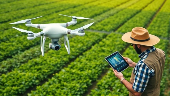 A drone flying over lush green farmland, capturing aerial images of crops with different sensors, alongside a farmer analyzing data on a tablet, symbolizing the advanced agricultural monitoring capabilities and insights provided by CropGuard Aerial's drone services.