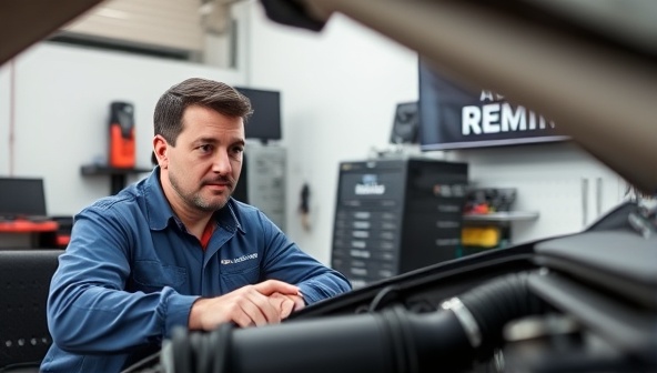 An engaging virtual video call interface showing a mechanic providing guidance and assistance to a car owner troubleshooting an engine issue, with diagnostic tools and car manuals visible in the background, highlighting the convenience and expertise of AutoCare Remote services.